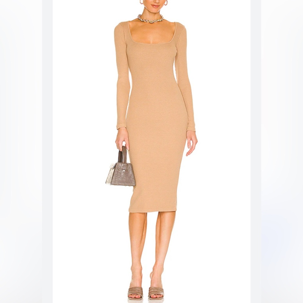 MONROW Ribbed Square Neck Midi Dress in Latte